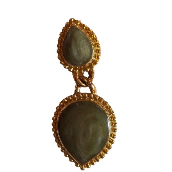 Vintage Green Shimmer Swirl Tear Drop Dangle Cabochon Gold Tone PIERCED - Picture 3 of 5